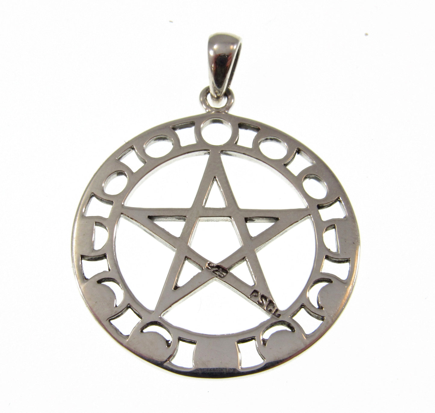 Solid 925 Sterling Silver Moon Phase Pentacle Pendant, Maxine Miller Pagan Wiccan Lunar Amulet
