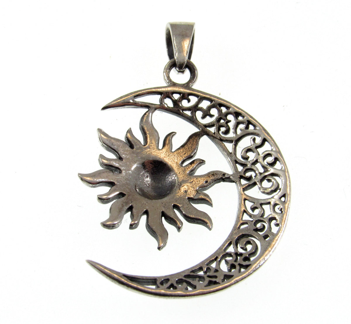Solid 925 Sterling Silver Sun and Moon Pendant – Celestial Filigree Lunar Solar Talisman