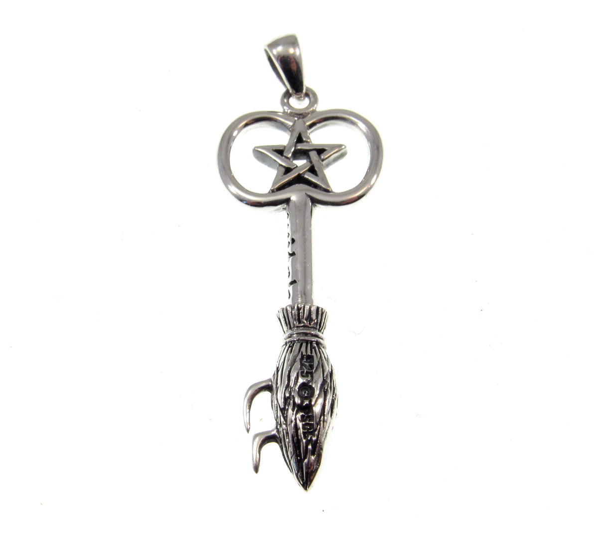 Solid 925 Sterling Silver Besom Key Pendant. Witch’s Broom Pentacle, Pagan Amulet, Wiccan Jewelry