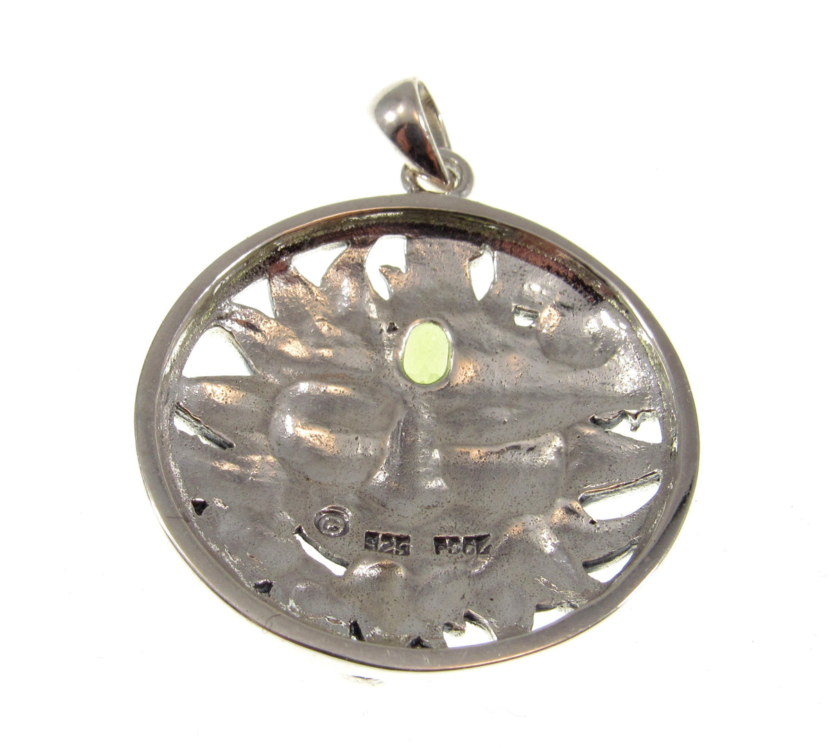 Solid 925 Sterling Silver Spring Sun Face Pendant with Peridot, Floral Solar Talisman