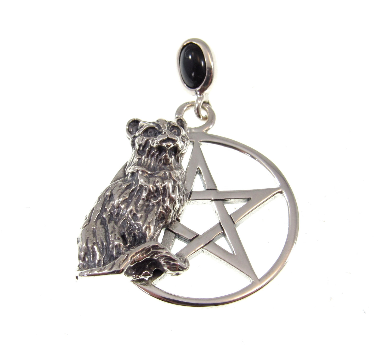 Solid 925 Sterling Silver Cat Familiar Pentacle Pendant With Garnet, Moonstone, Obsidian, or Peridot