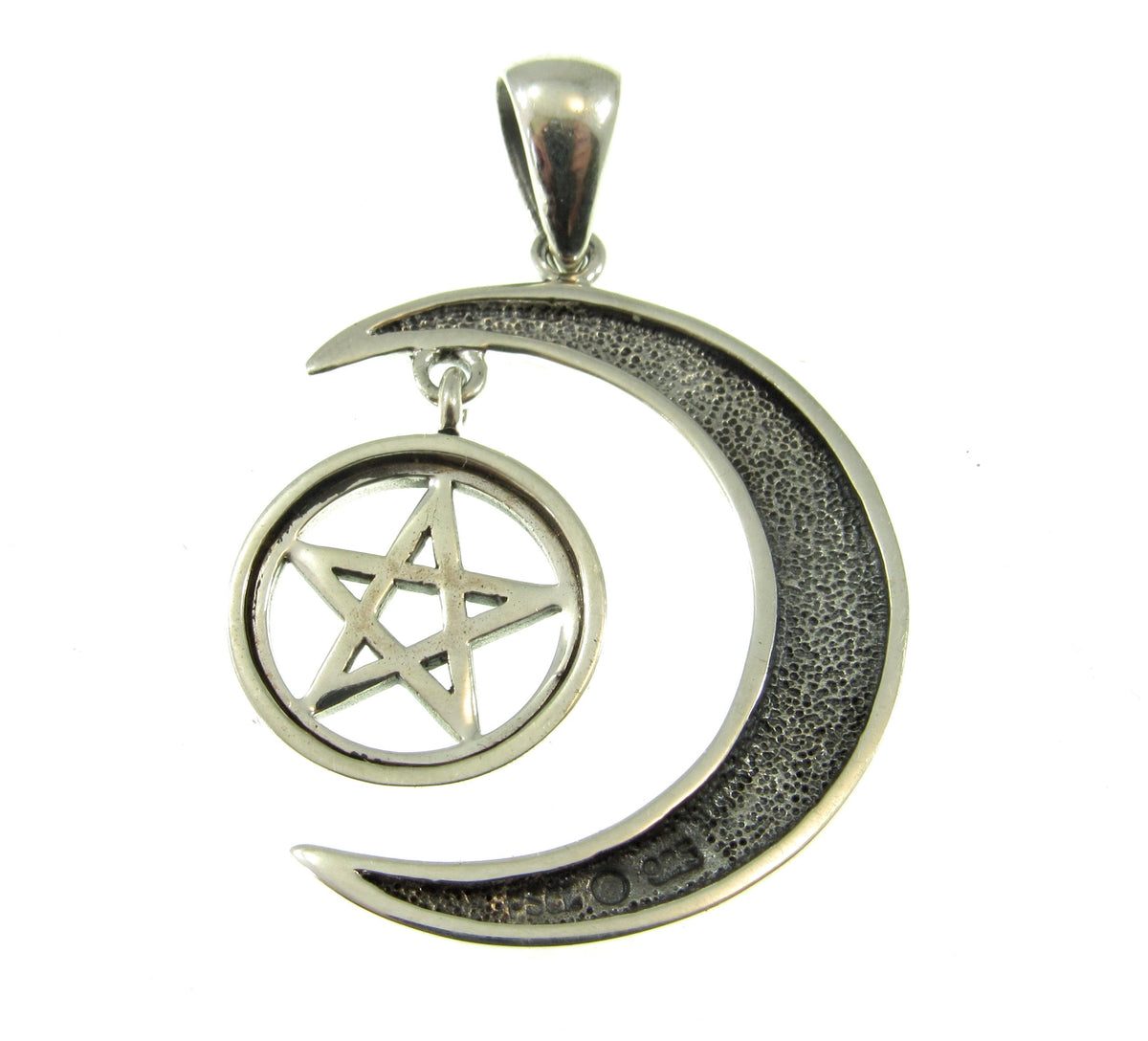 Solid 925 Silver Celtic Moon and Hanging Pentagram Pendant, Pagan Witchcraft Talisman Jewelry