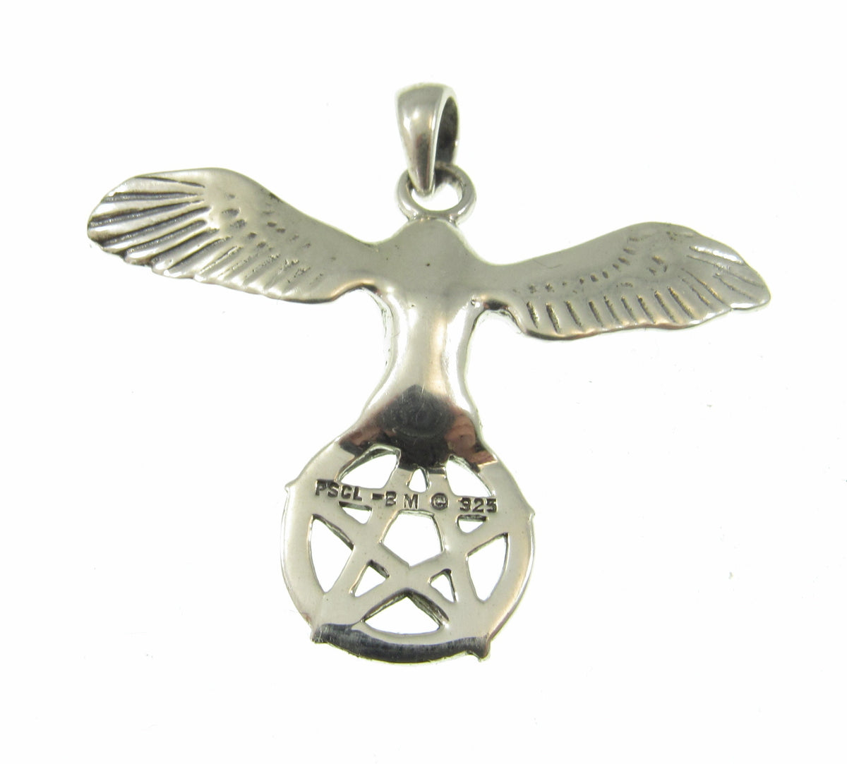 Solid 925 Sterling Silver Flying Owl with Pentacle Star Pendant, Pagan Wicca Amulet