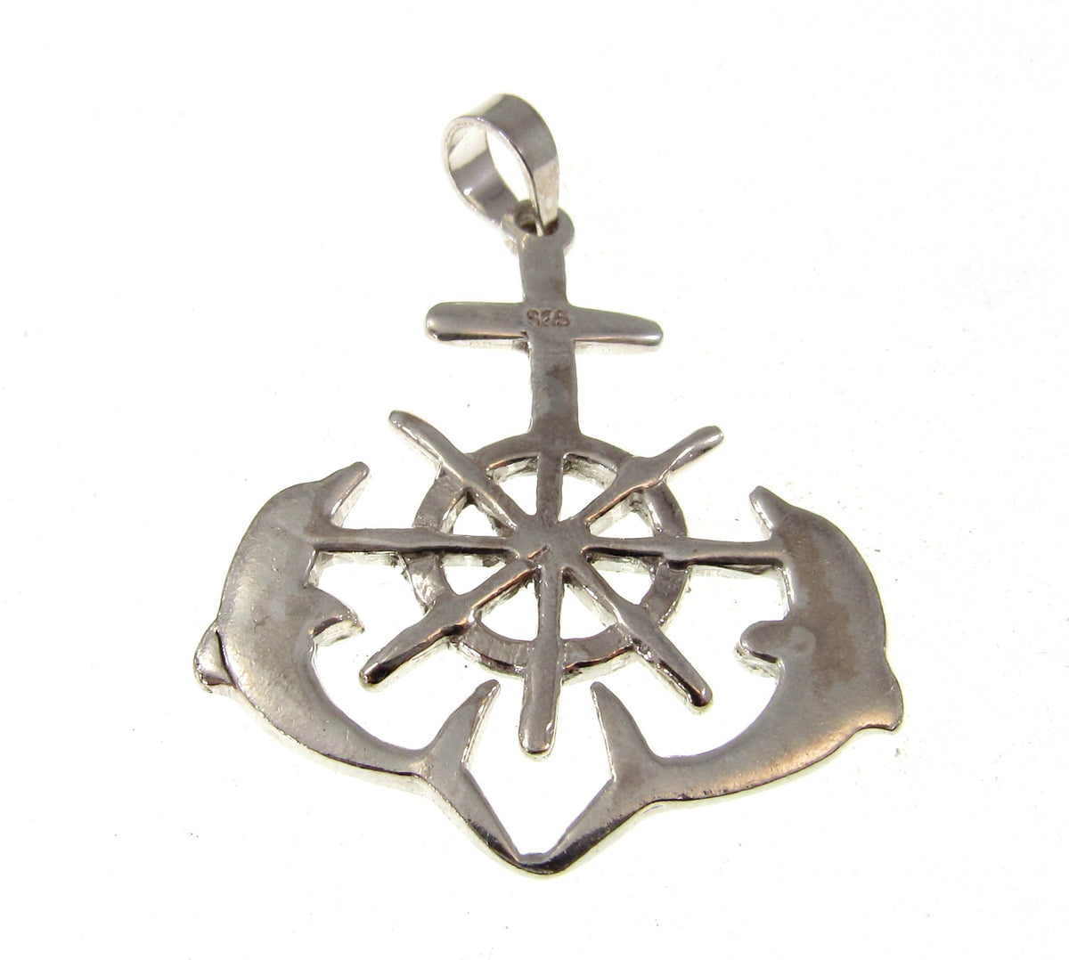 Solid 925 Sterling Silver Ship's Helm, Dolphins, & Anchor Pendant - Nautical Jewelry for Men
