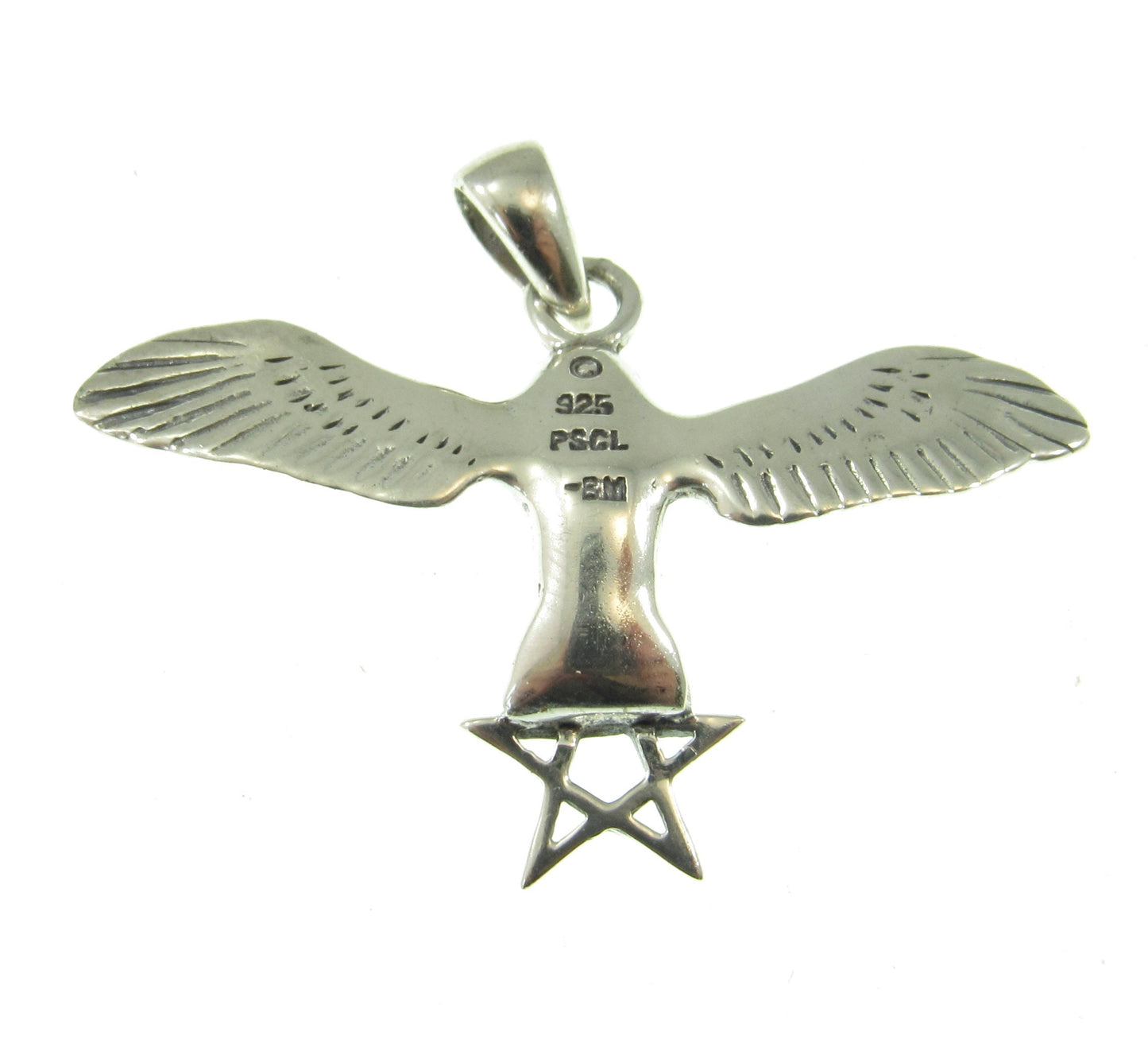 Solid 925 Sterling Silver Flying Owl Pendant, Pentagram Star Triangle, Pagan Wiccan Amulet