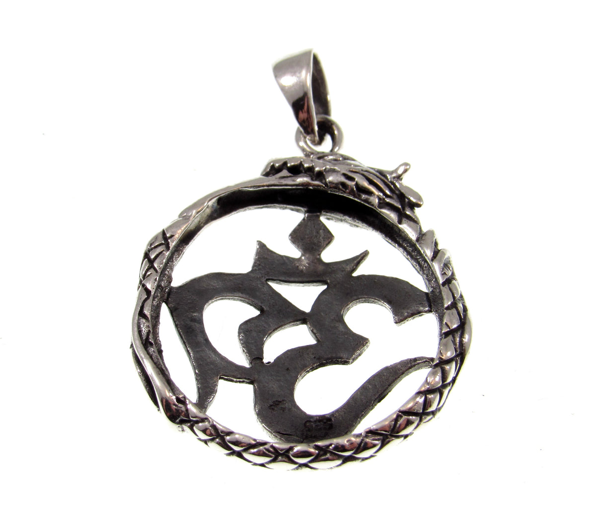 Solid 925 Sterling Silver Om Dragon Pendant - Spiritual Yoga Jewelry - Symbolic Hindu Necklace Charm - Ouroboros Style Power Amulet