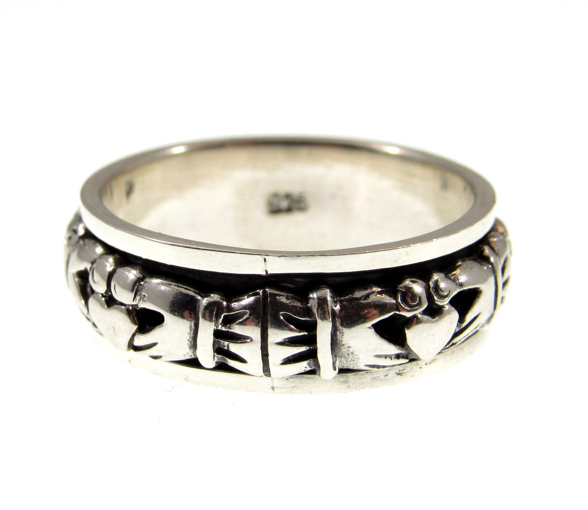 Solid 925 Sterling Silver Men's Celtic Claddagh Spin Band Ring, Handcrafted Irish Heart & Hands Fidget Pendant on Nylon Cord, Sizes 10-14