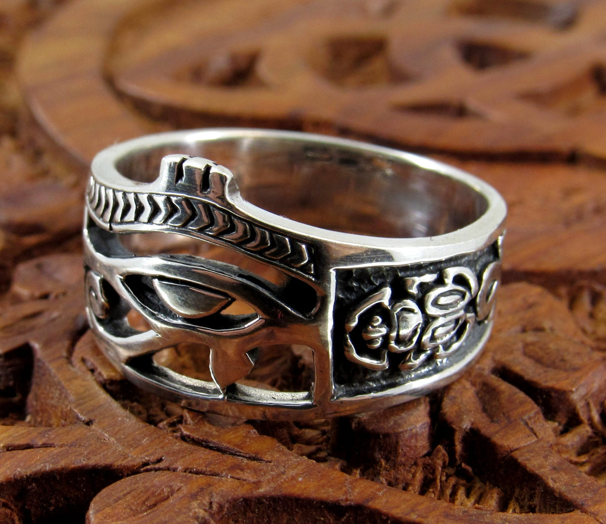 Solid 925 Sterling Silver Men's Eye of RA Ring, Handcrafted Egyptian Ankh & Scorpion Symbols Pendant on Nylon Cord, Sizes 10-14