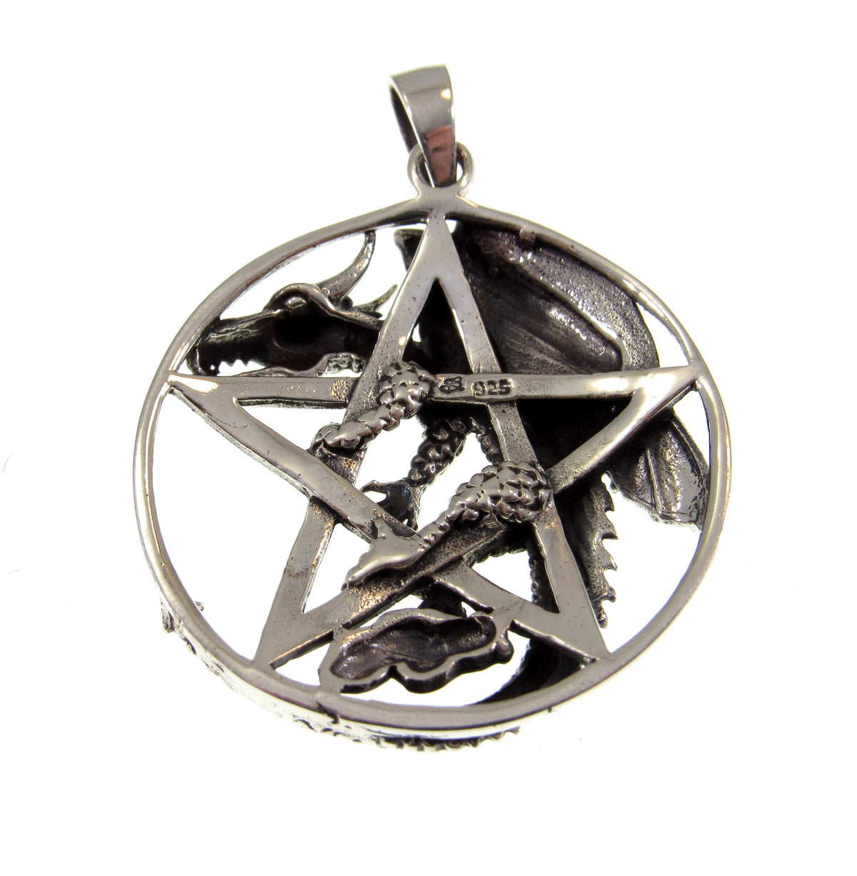Solid 925 Sterling Silver Dragon Pentagram Pendant – Gothic Wiccan Protection Pentacle, Mythical Occult Talisman