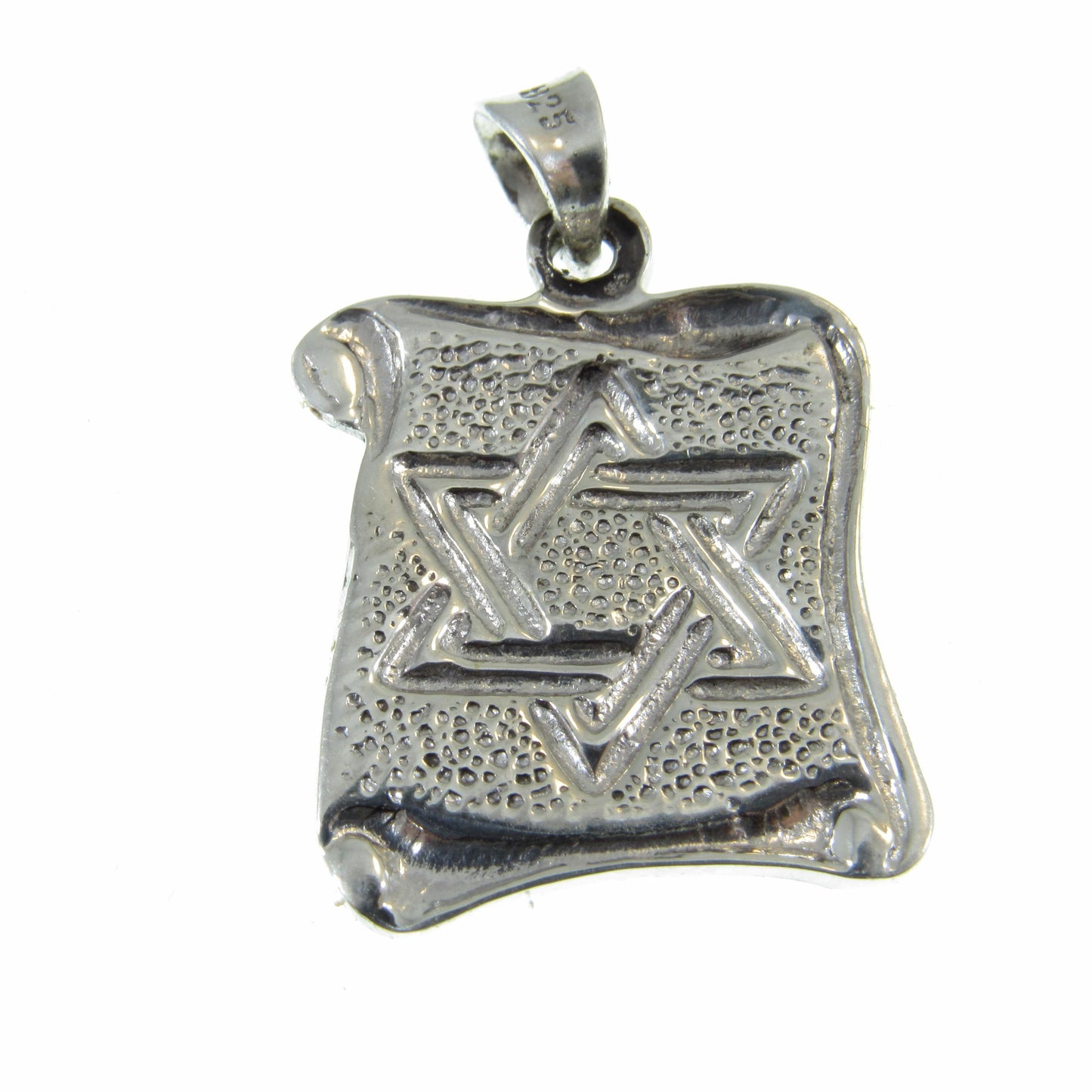 Solid 925 Sterling Silver Star of David Pendant with Scrolls, Hammered Metal on Parchment