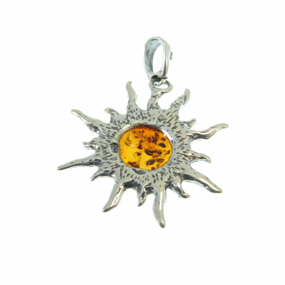 Solid 925 Sterling Silver Amber Sun Pendant – Baltic Amber Solar Necklace, Honey or Green