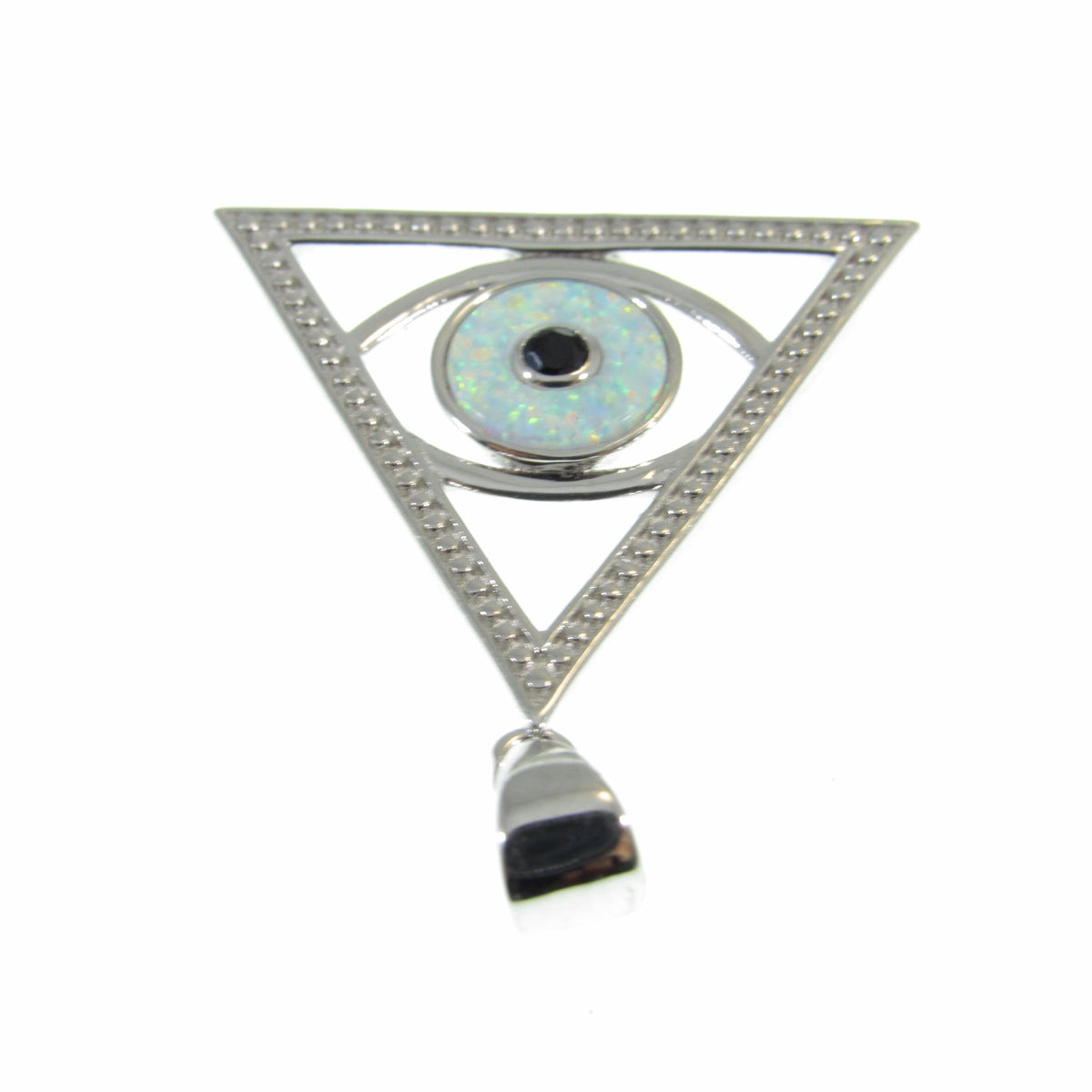 Solid 925 Sterling Silver and Blue or White Opal Eye of Providence Pyramid Pendant, Handcrafted All Seeing Eye in Triangle Charm