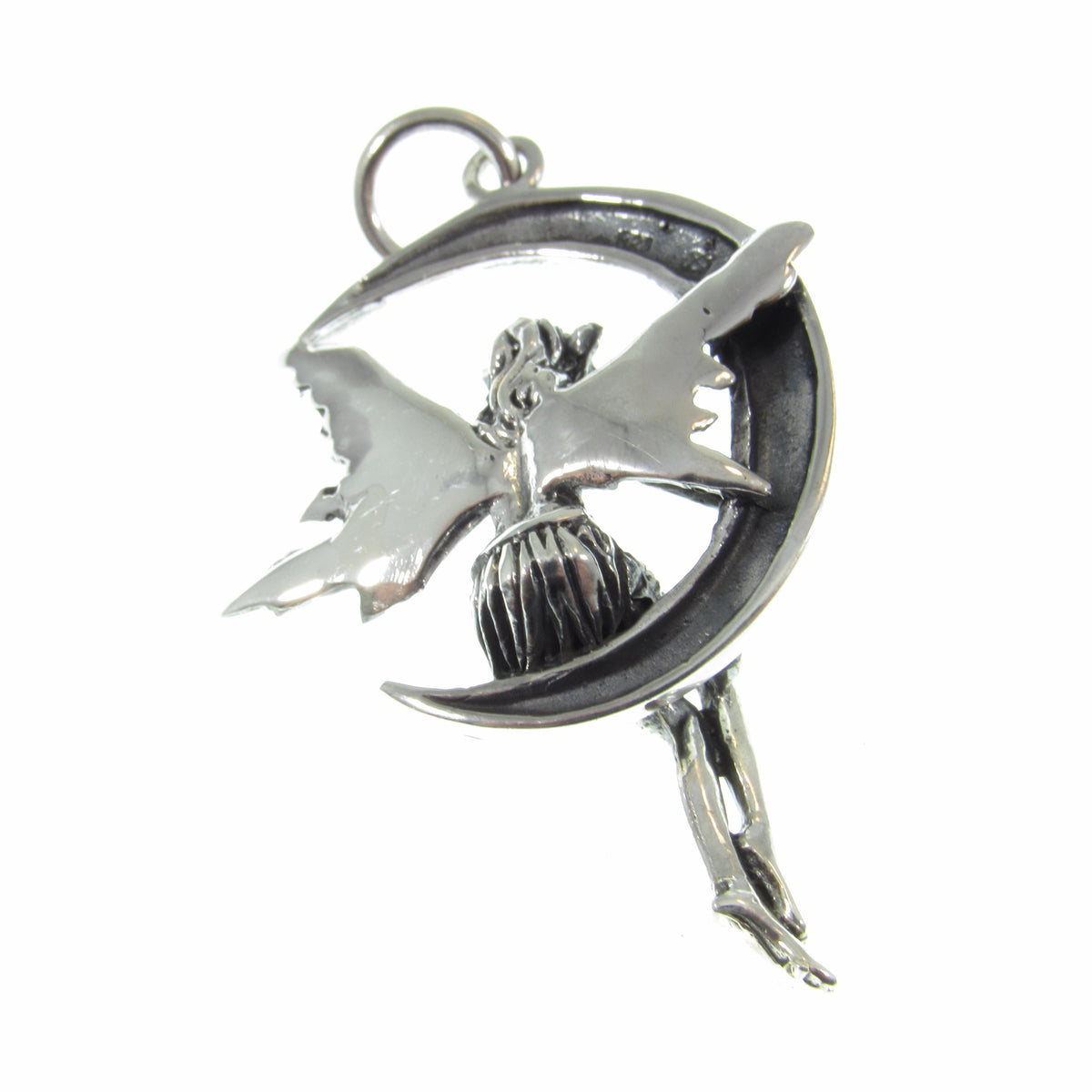 Solid 925 Sterling Silver Fairy on Crescent Moon Pendant, Magic Celestial Faerie Amulet