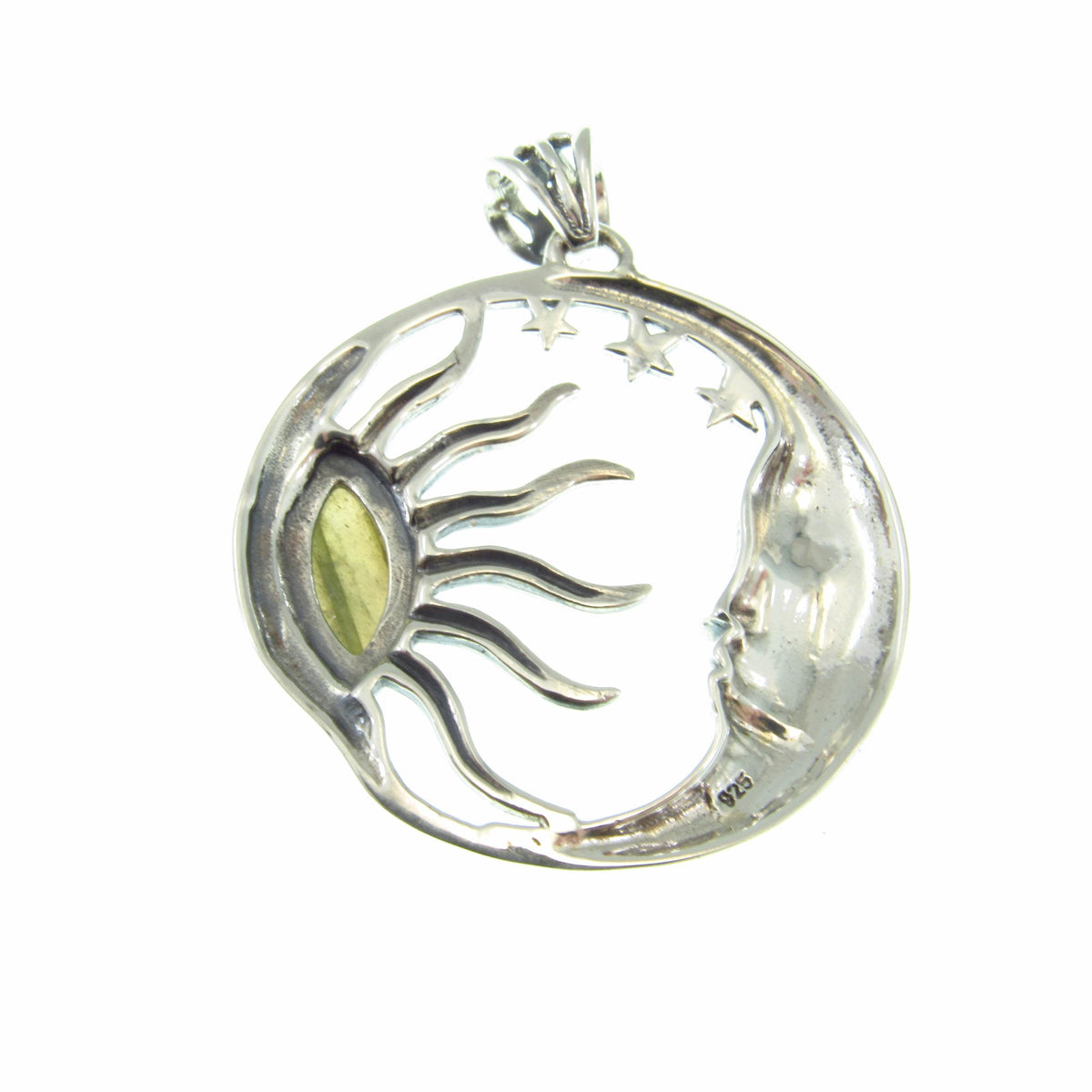 Solid 925 Sterling Silver Sun and Moon Pendant – Labradorite or Rainbow Moonstone Necklace Amulet