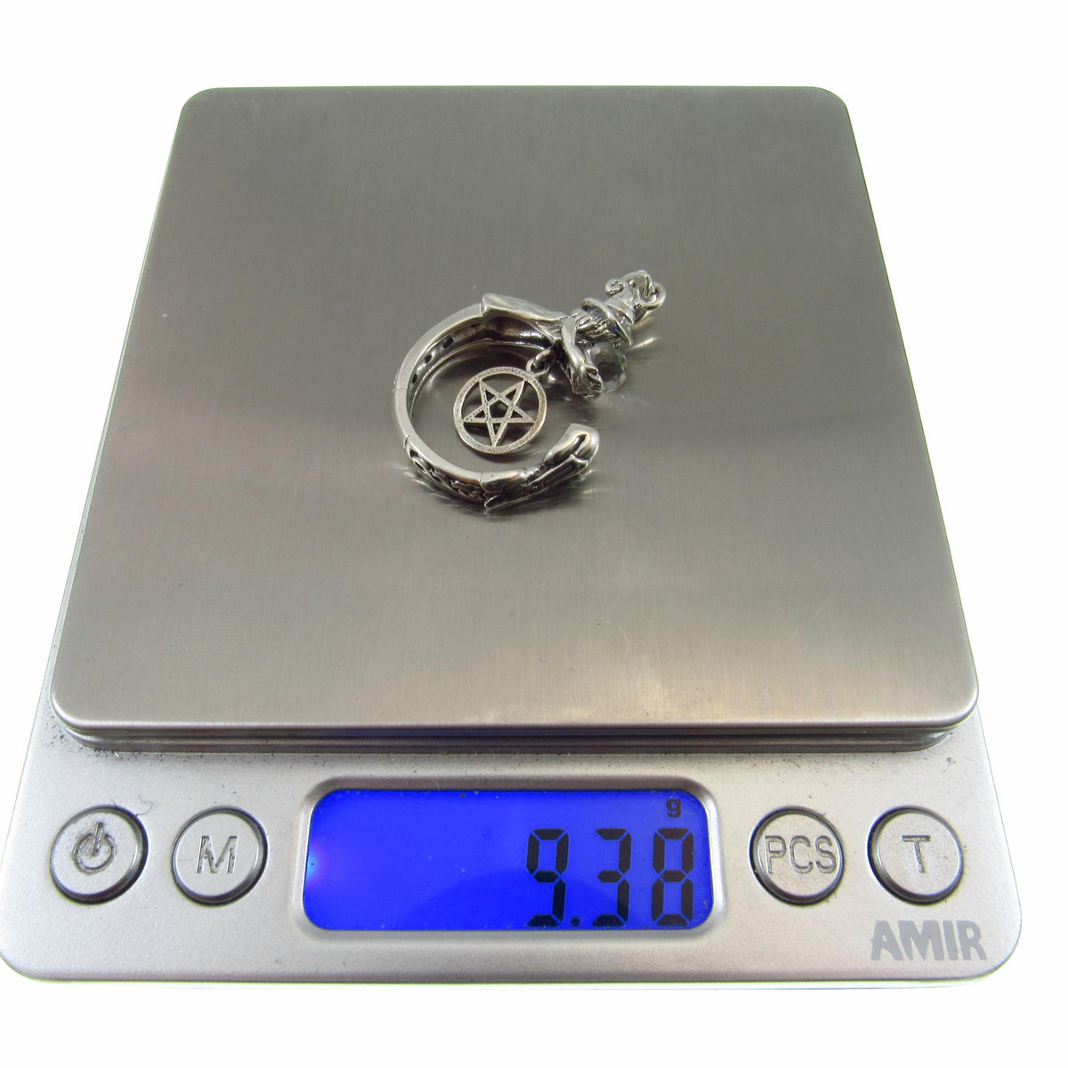 Solid 925 Sterling Silver Crystal Ball Witch Pendant, Pentacle Gothic Wiccan Pagan Occult Talisman