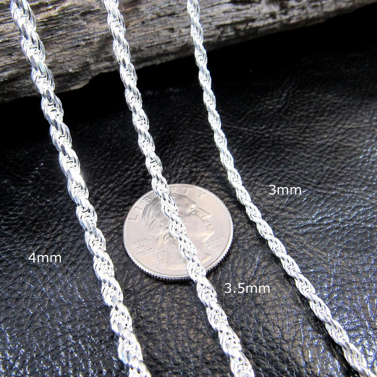 Solid 925 Sterling Silver Rope Chain, Italian Diamond Cut Necklace / Bracelet, Unisex Jewelry for Men and Women, Pendant Chain, 1.5mm–12mm