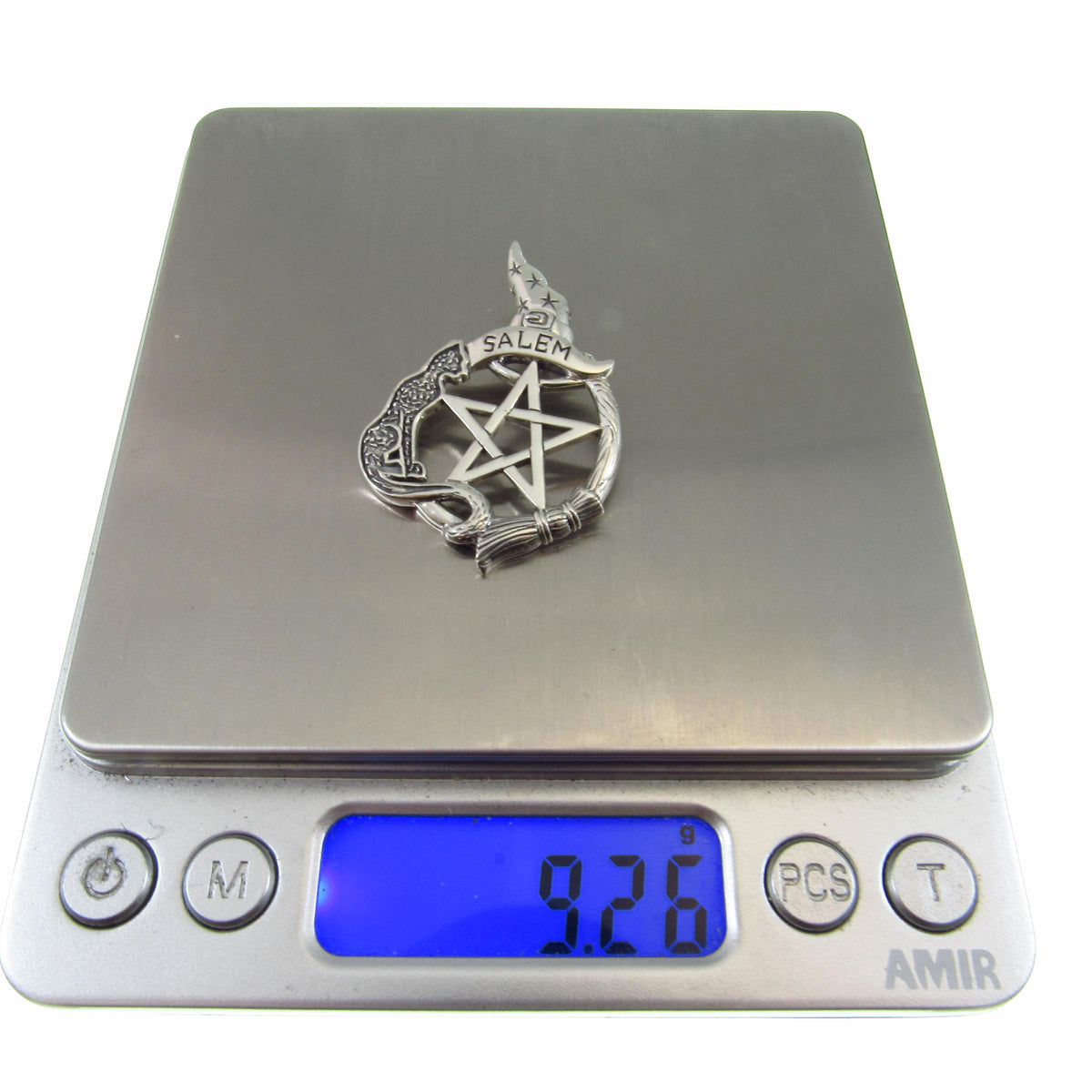 Solid 925 Sterling Silver Salem Witch & Cat Familiar Pentacle Pendant, Witchy Jewelry Amulet
