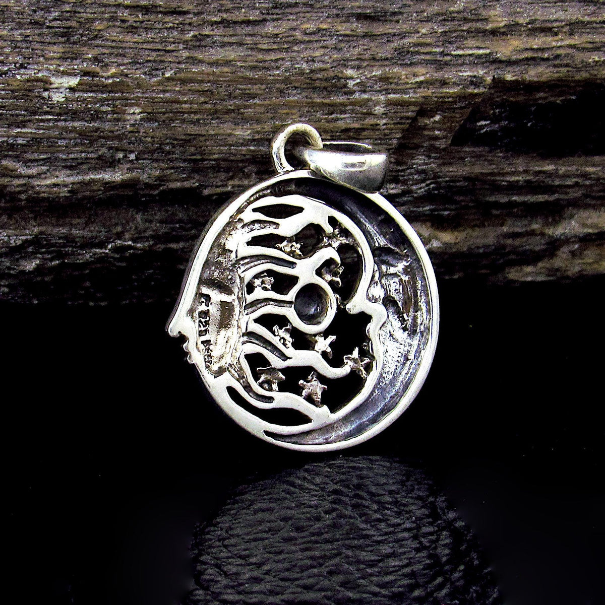 Solid 925 Sterling Silver Moon Faces & Stars Pendant with Saturn Planet - Cosmic Jewelry Amulet