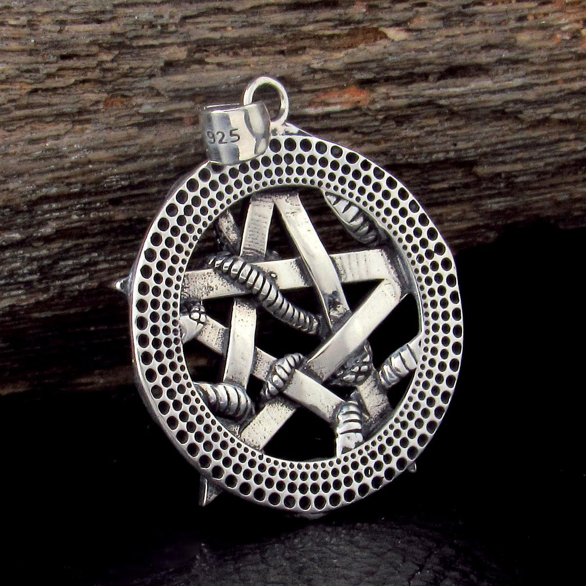 Solid 925 Sterling Silver Pentagram Pendant, Snake and Star Symbol, Oxidized Ouroboros Jewelry