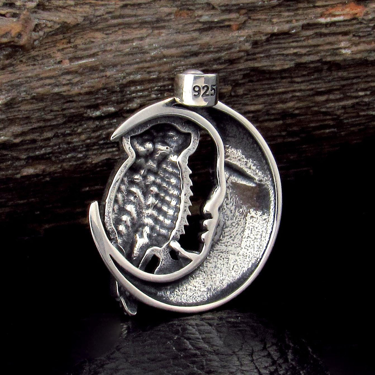 Solid 925 Sterling Silver Owl on Crescent Moon Pendant, Wiccan / Pagan Amulet, Occult Jewelry