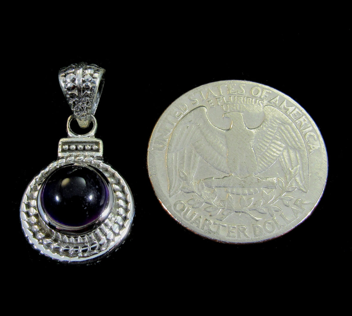 Handcrafted Solid 925 Sterling Silver Braided Wreath Round Genuine Amethyst Cabochon Gemstone Pendant
