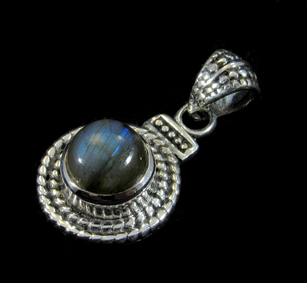 Handcrafted Genuine Round Labradorite Cabochon Set in Solid 925 Sterling Silver Pendant With Ornate Rope Wreath