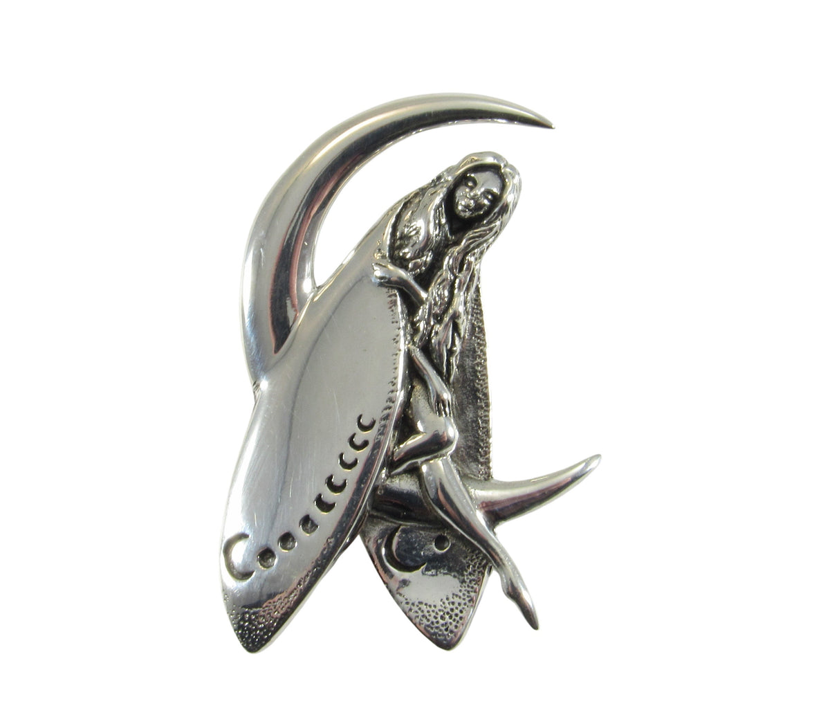 Solid 925 Sterling Silver Moon Fairy Pendant, Crescent Moon Faerie Amulet, Celestial Fantasy Jewelry