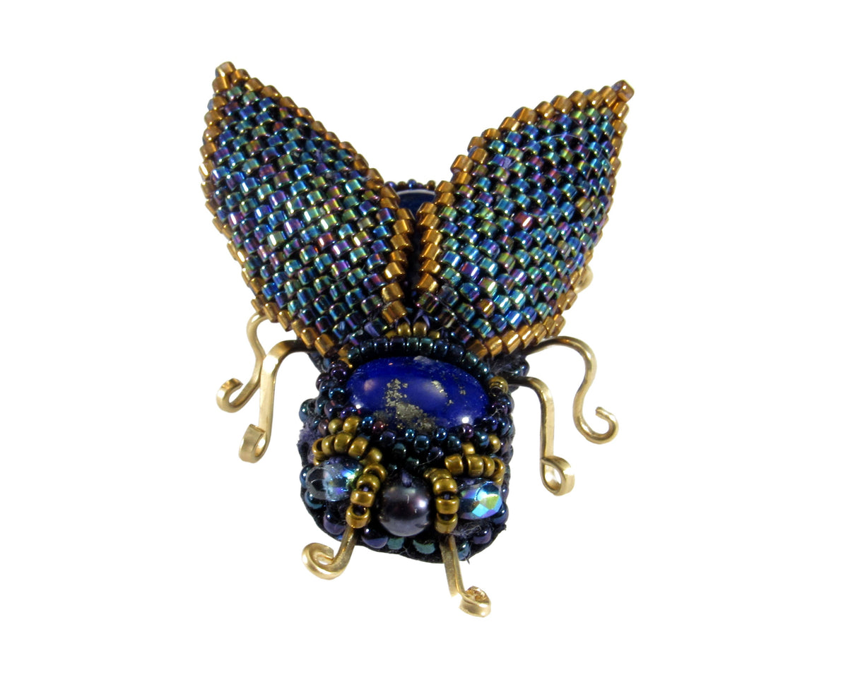 Handmade Beaded Beetle Brooch Pin With Lapis Lazuli, Gold-filled Wire, Leather, and Miyuki Glass Seed Beads & Czech Charlottes