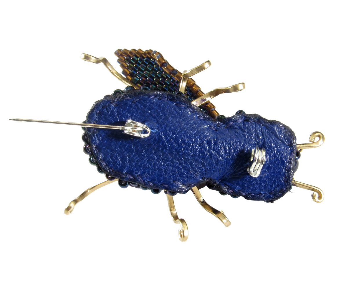 Handmade Beaded Beetle Brooch Pin With Lapis Lazuli, Gold-filled Wire, Leather, and Miyuki Glass Seed Beads & Czech Charlottes