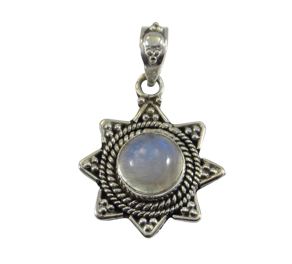 Handcrafted Solid 925 Sterling Silver Beaded Pedal Wreath Round Genuine Rainbow Moonstone Cabochon Gemstone Pendant