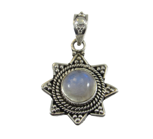 Handcrafted Solid 925 Sterling Silver Beaded Pedal Wreath Round Genuine Rainbow Moonstone Cabochon Gemstone Pendant