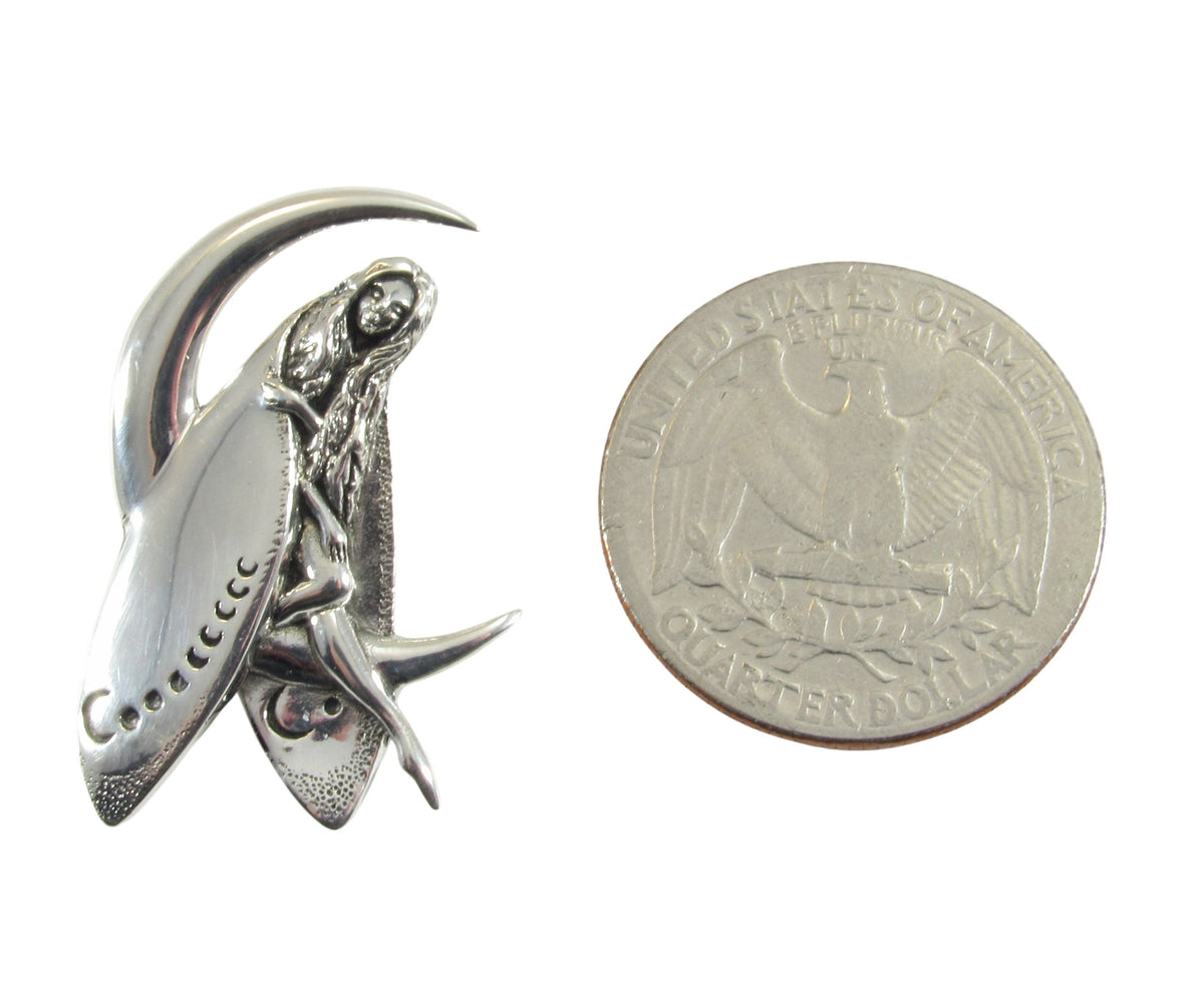 Solid 925 Sterling Silver Moon Fairy Pendant, Crescent Moon Faerie Amulet, Celestial Fantasy Jewelry