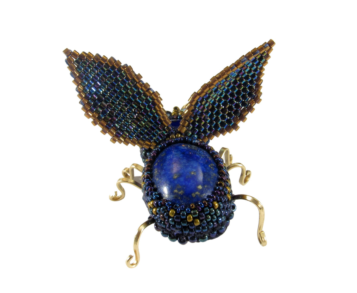 Handmade Beaded Beetle Brooch Pin With Lapis Lazuli, Gold-filled Wire, Leather, and Miyuki Glass Seed Beads & Czech Charlottes