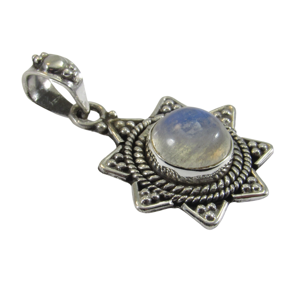 Handcrafted Solid 925 Sterling Silver Beaded Pedal Wreath Round Genuine Rainbow Moonstone Cabochon Gemstone Pendant