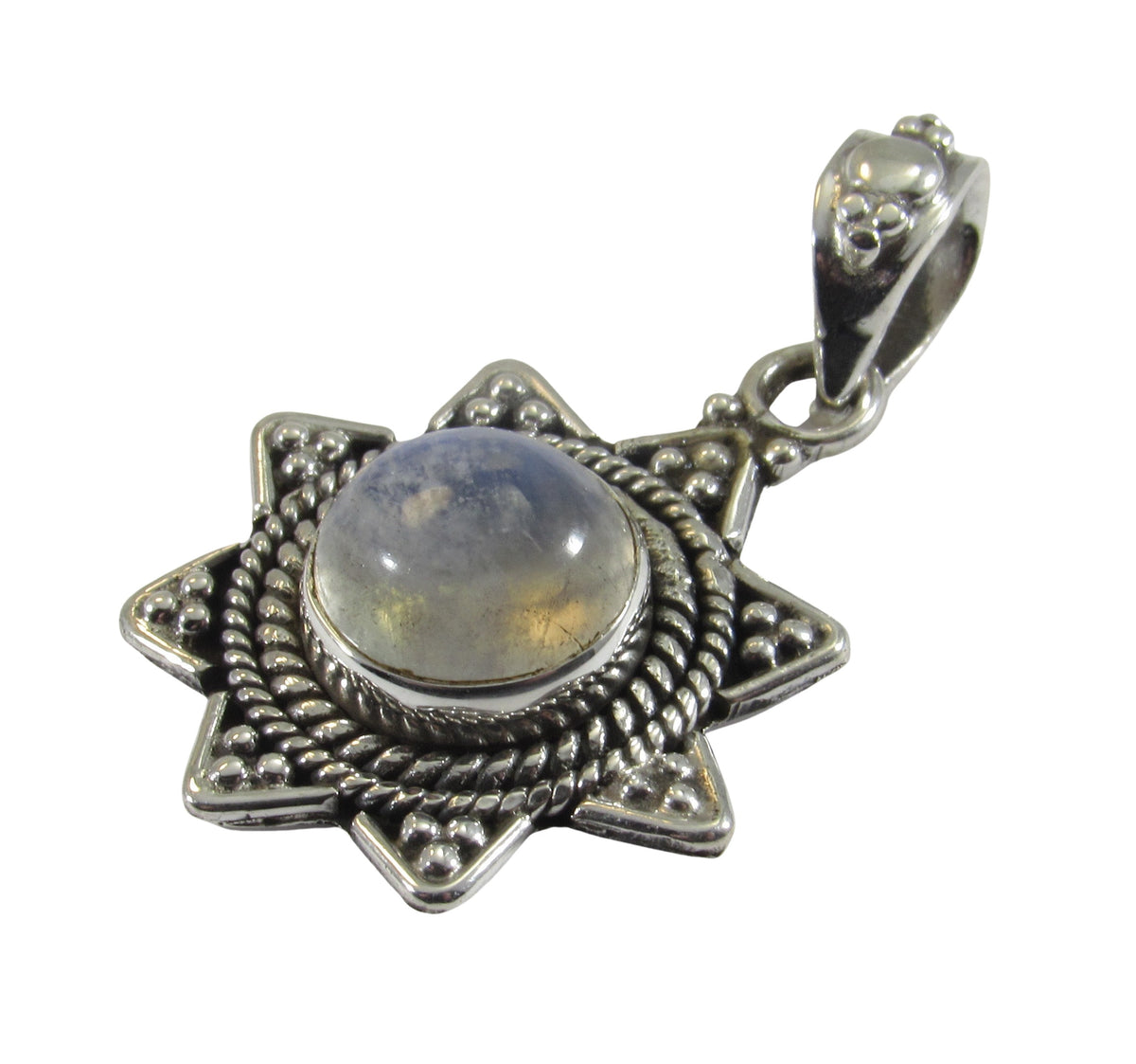 Handcrafted Solid 925 Sterling Silver Beaded Pedal Wreath Round Genuine Rainbow Moonstone Cabochon Gemstone Pendant