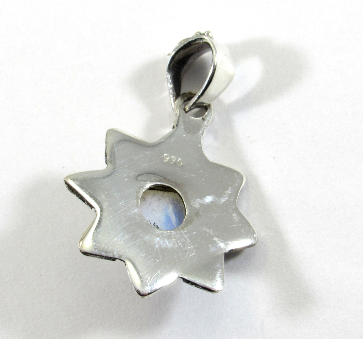 Handcrafted Solid 925 Sterling Silver Beaded Pedal Wreath Round Genuine Rainbow Moonstone Cabochon Gemstone Pendant