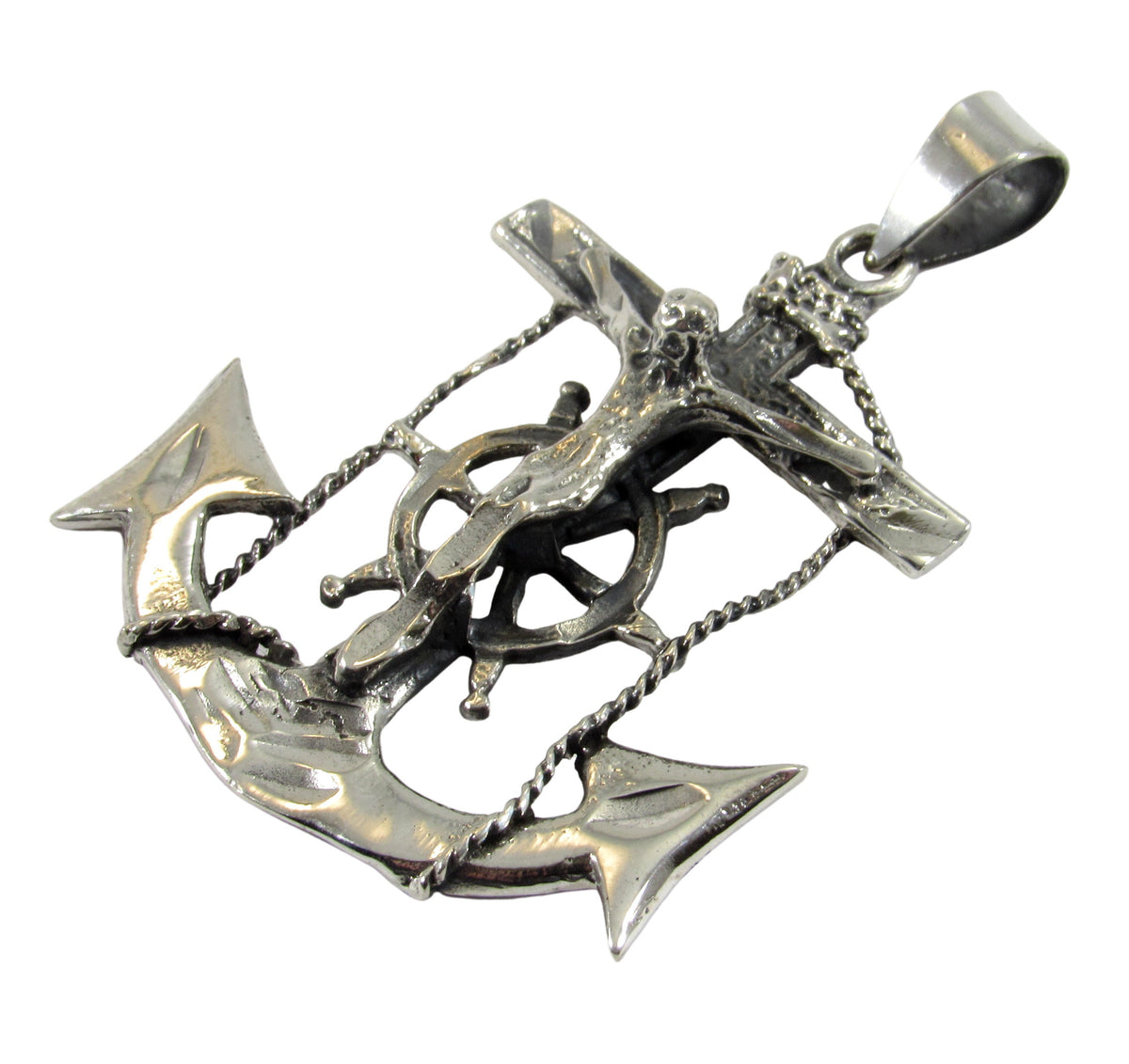 Solid 925 Sterling Silver Anchor Crucifix Pendant – Nautical Necklace Pendant, Jesus on Cross with Ship Helm, Faith & Maritime Jewelry
