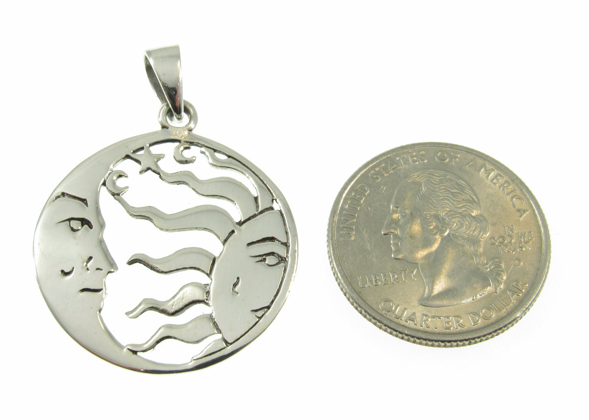 Solid 925 Sterling Silver Sun Moon Face Pendant, Celestial Necklace Amulet, Yin Yang Jewelry