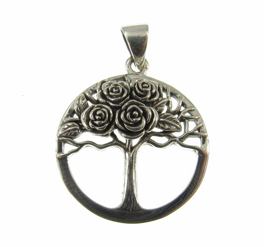 Solid 925 Sterling Silver Tree of Life With Roses Pendant, Handcrafted Yggdrasil Jewelry, Cycle of Life Symbol of the Afterlife