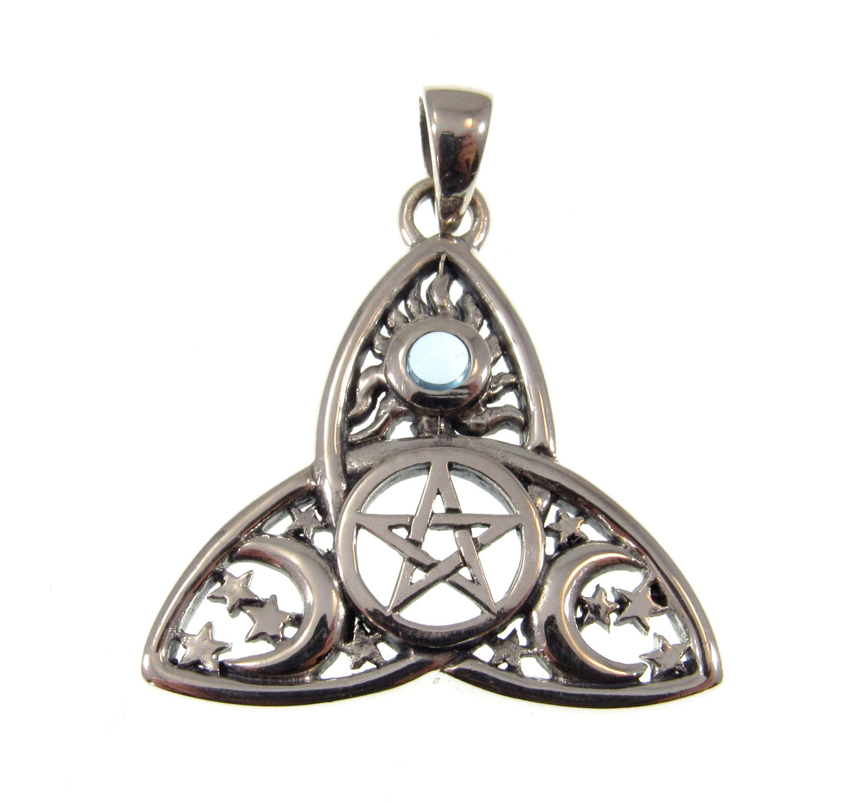 Solid 925 Sterling Silver Celtic Triquetra Pentacle Sun, Moon, & Stars Pendant, Banishing Talisman, Amethyst, Garnet, Topaz, Moonstone