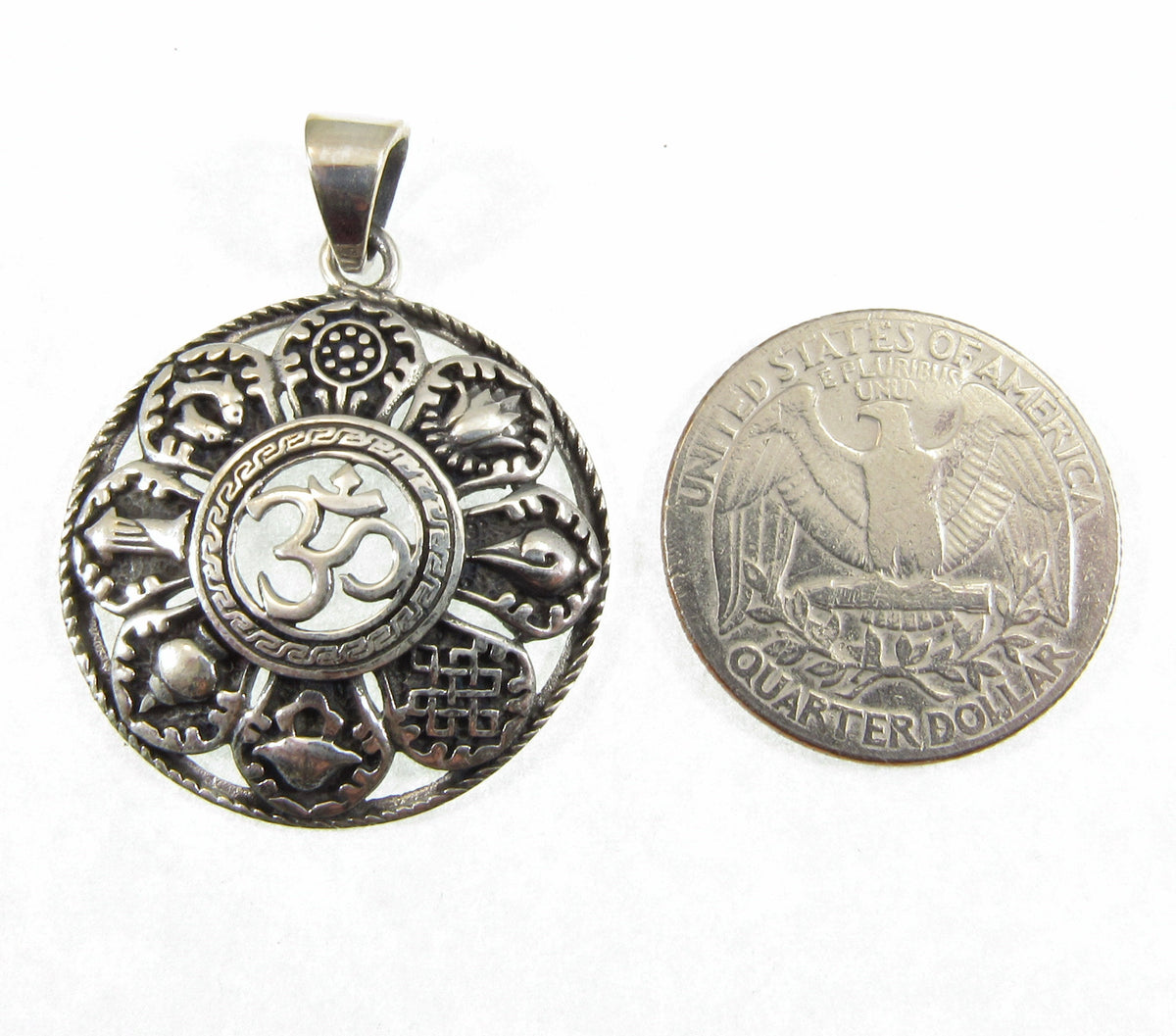 Solid 925 Sterling Silver OM/AUM/OHM Pendant With 8 Auspicious Symbols of Buddhism, Ashtamangala Amulet, Small or Large Size