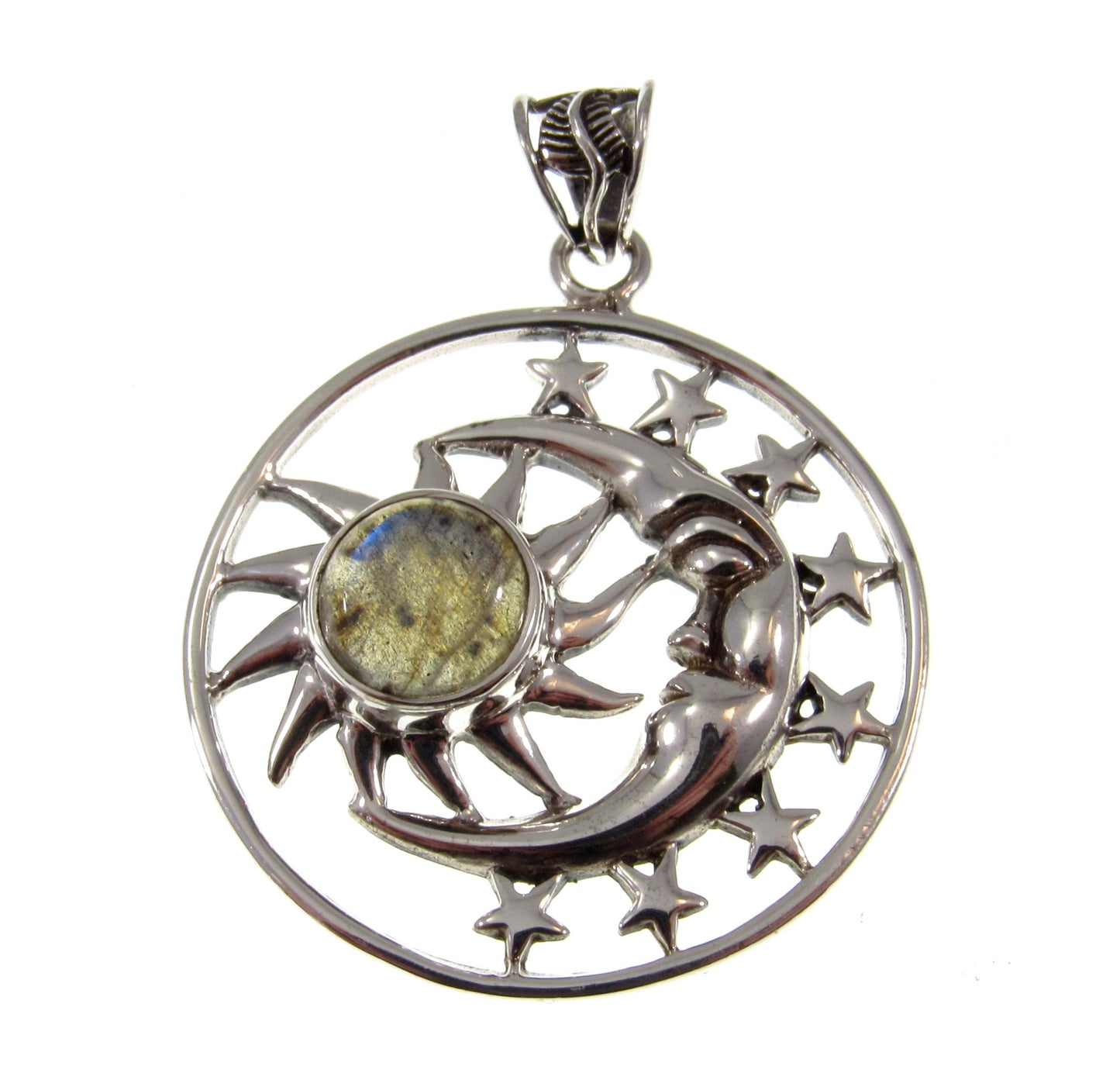 Solid 925 Sterling Silver Sun Moon Face & Stars Pendant with Amethyst, Labradorite, or Moonstone