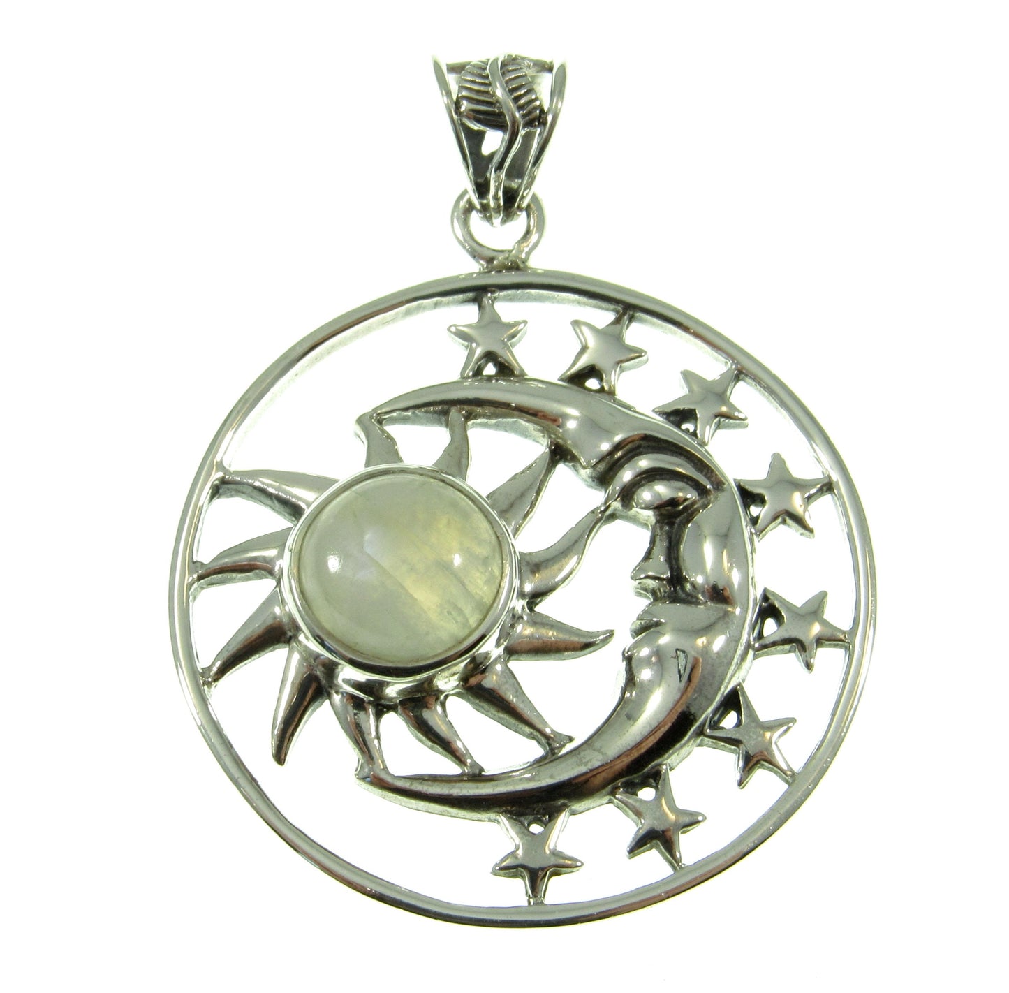 Solid 925 Sterling Silver Sun Moon Face & Stars Pendant with Amethyst, Labradorite, or Moonstone