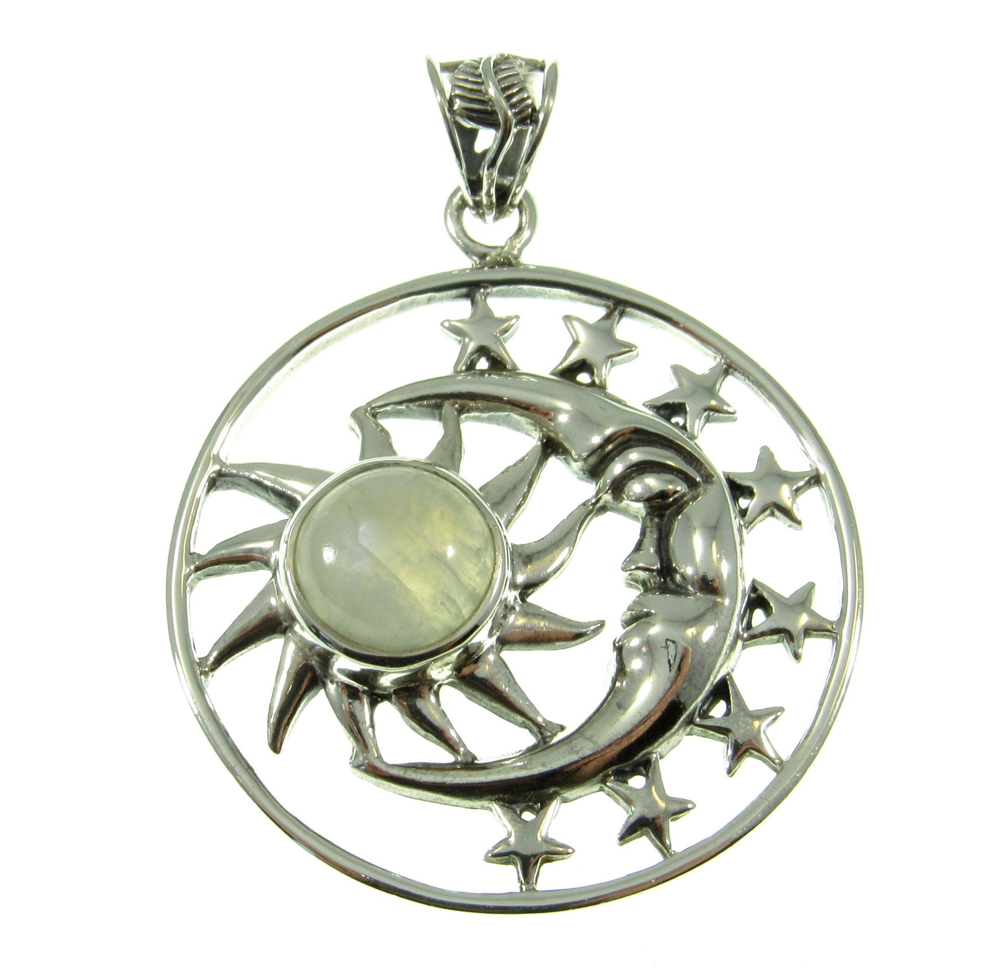 Solid 925 Sterling Silver Sun Moon Face & Stars Pendant with Amethyst, Labradorite, or Moonstone