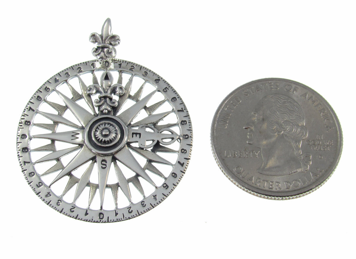 Solid 925 Sterling Silver Rose Compass Pendant, Celtic Tradition Talisman, Fleur De Lis Amulet, Nautical Marine Ocean Jewelry