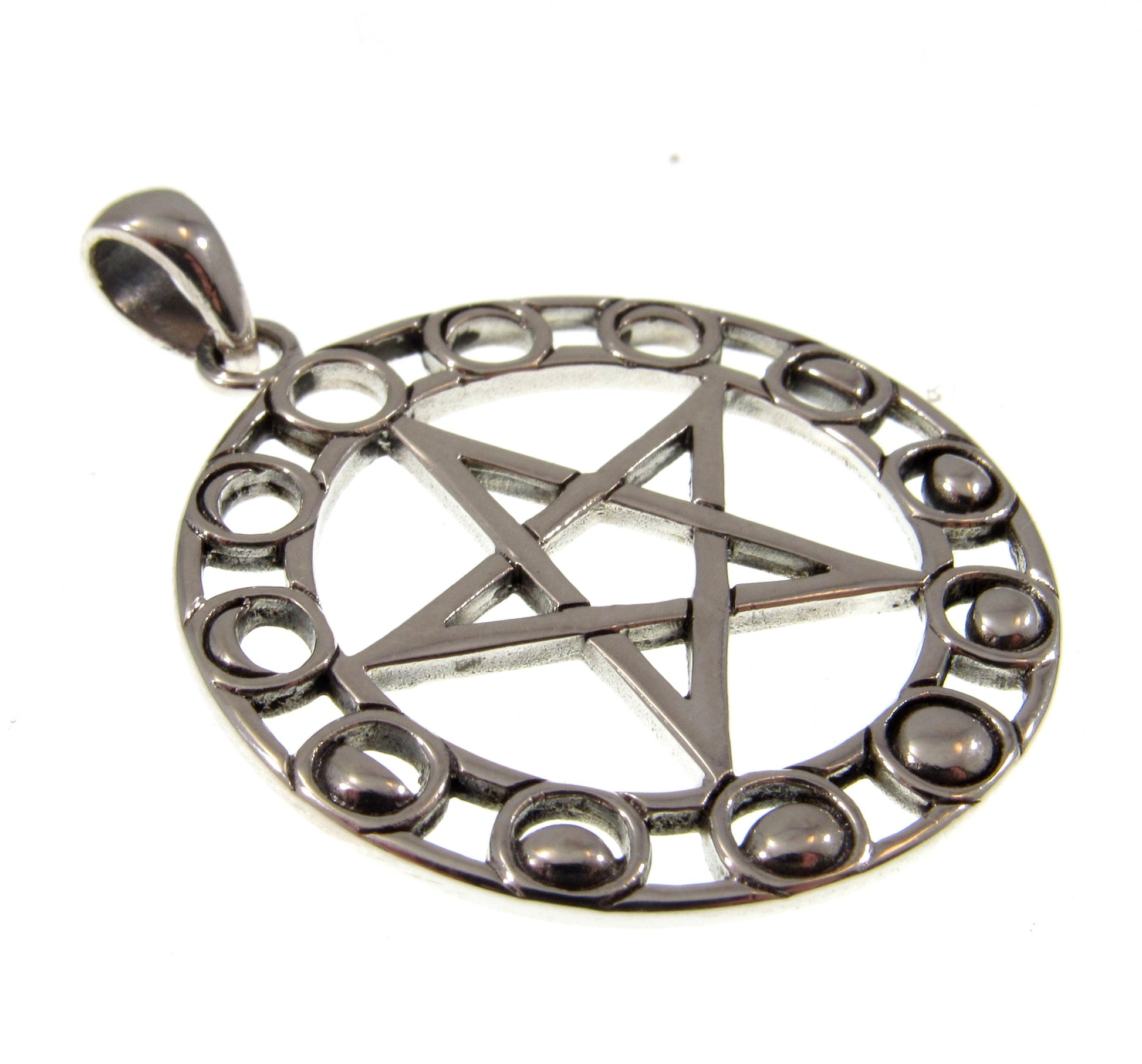 Solid 925 Sterling Silver Moon Phase Pentacle Pendant, Maxine Miller Pagan Wiccan Lunar Amulet