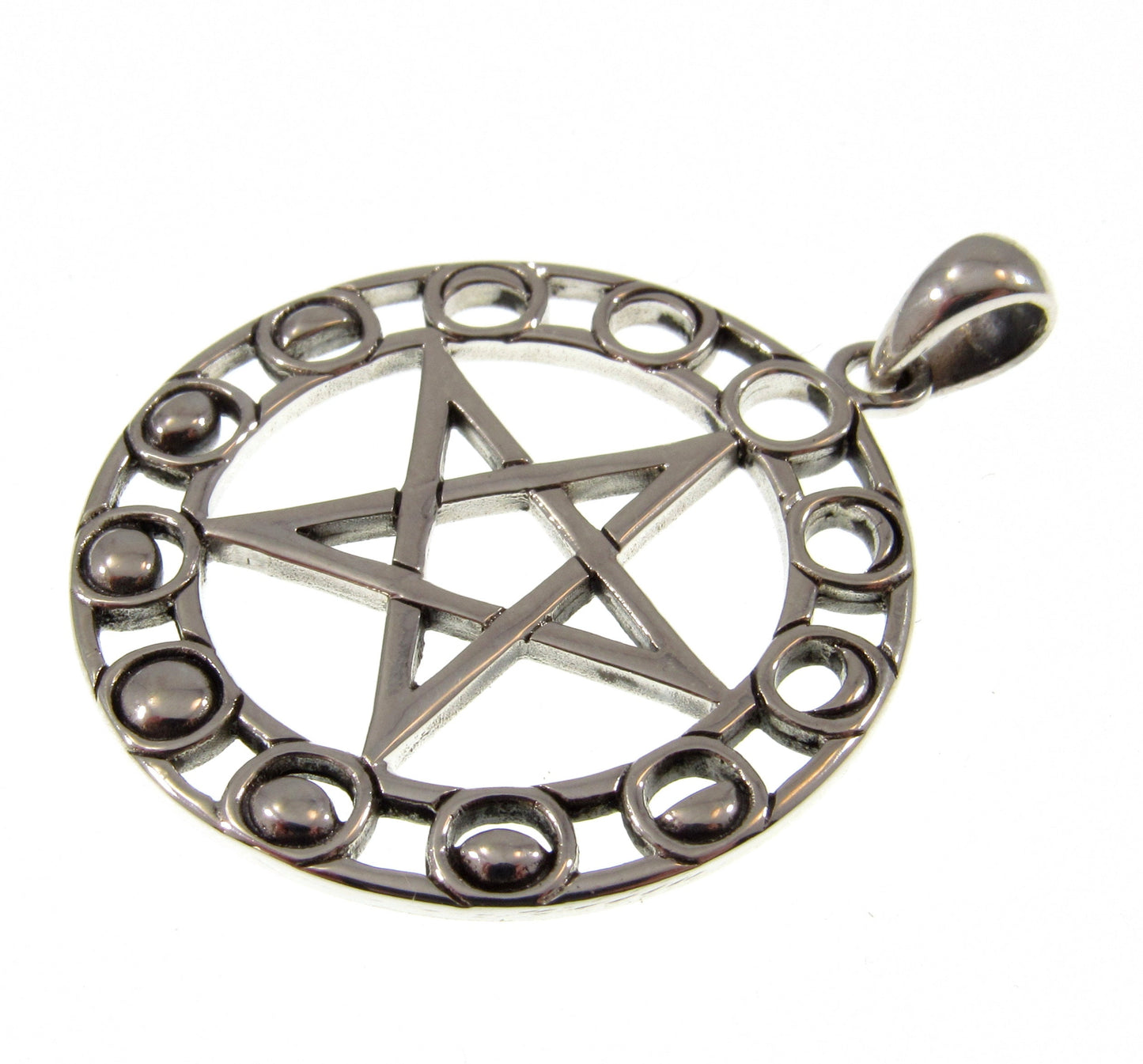 Solid 925 Sterling Silver Moon Phase Pentacle Pendant, Maxine Miller Pagan Wiccan Lunar Amulet