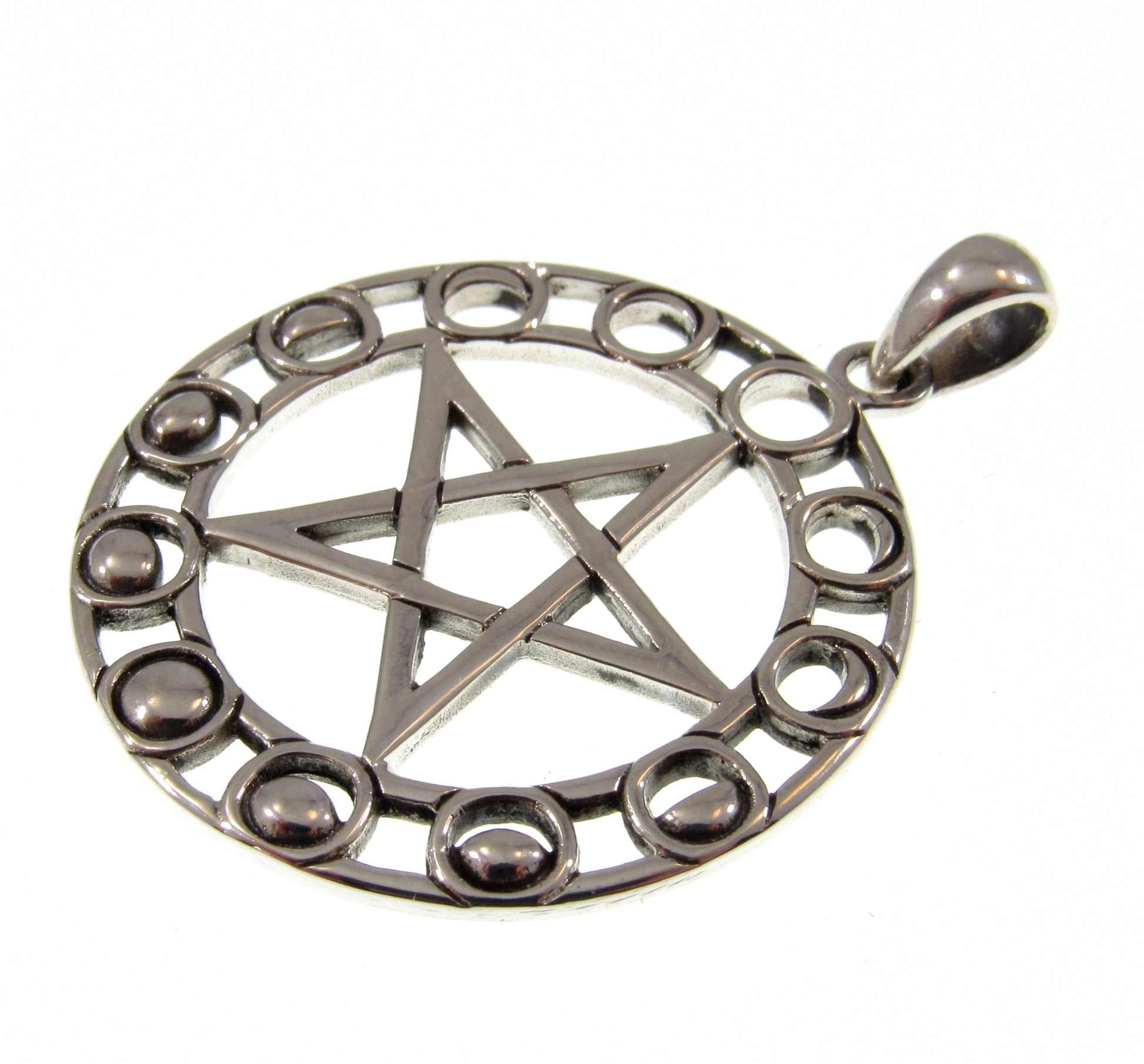 Solid 925 Sterling Silver Moon Phase Pentacle Pendant, Maxine Miller Pagan Wiccan Lunar Amulet