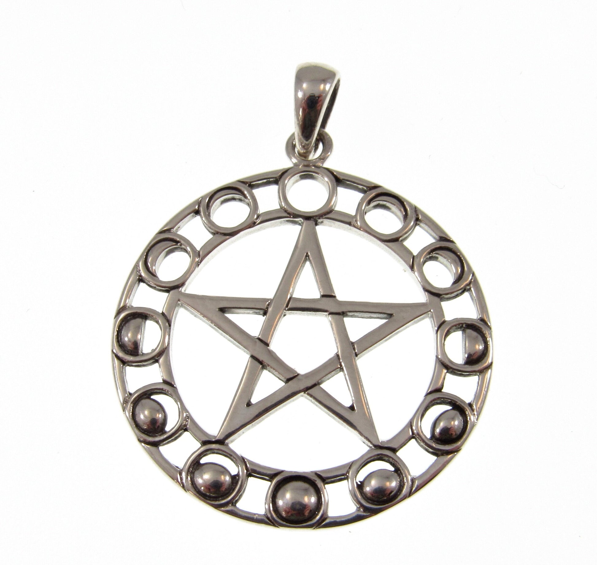 Solid 925 Sterling Silver Moon Phase Pentacle Pendant, Maxine Miller Pagan Wiccan Lunar Amulet