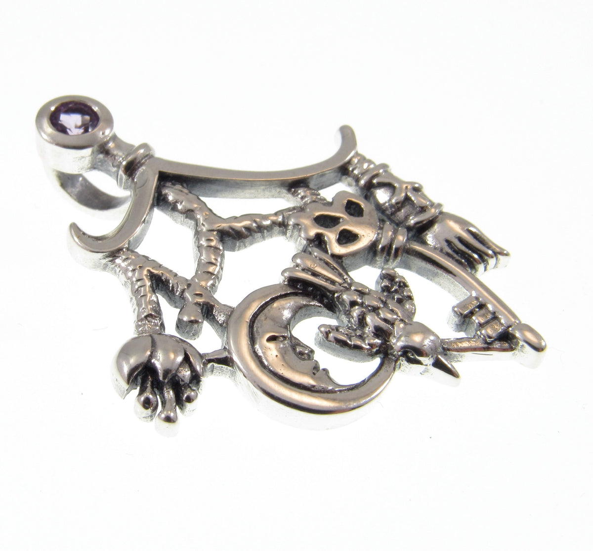 Solid 925 Sterling Silver Italian Cimaruta Witch Pendant – Amethyst Garnet Moonstone or Topaz